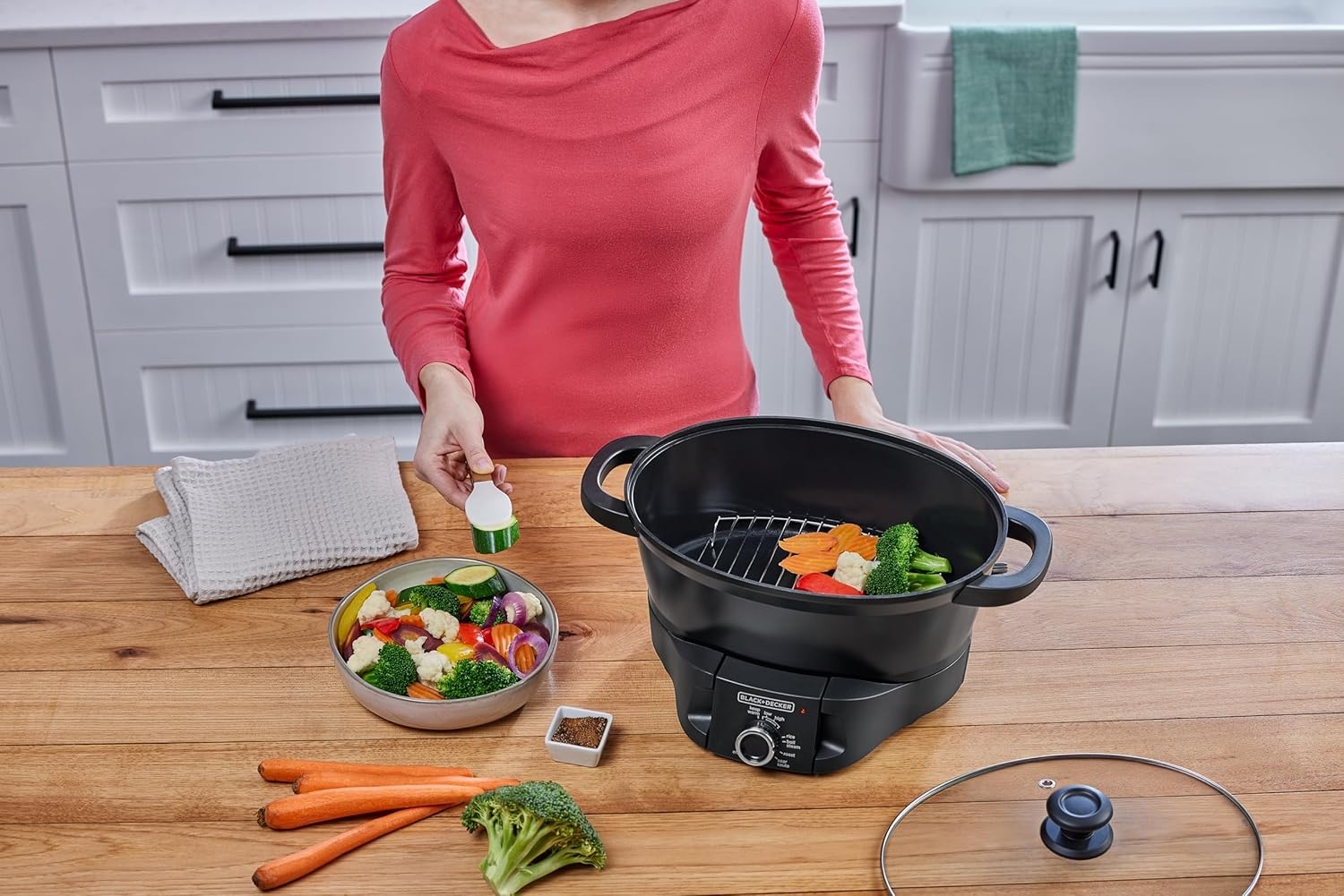 imageBLACKDECKER Multicooker 7QT Family Size 5in1 Functions Neat N Clean Technology Slow Cook SteamBoil Precision Roast SearSaute amp Rice