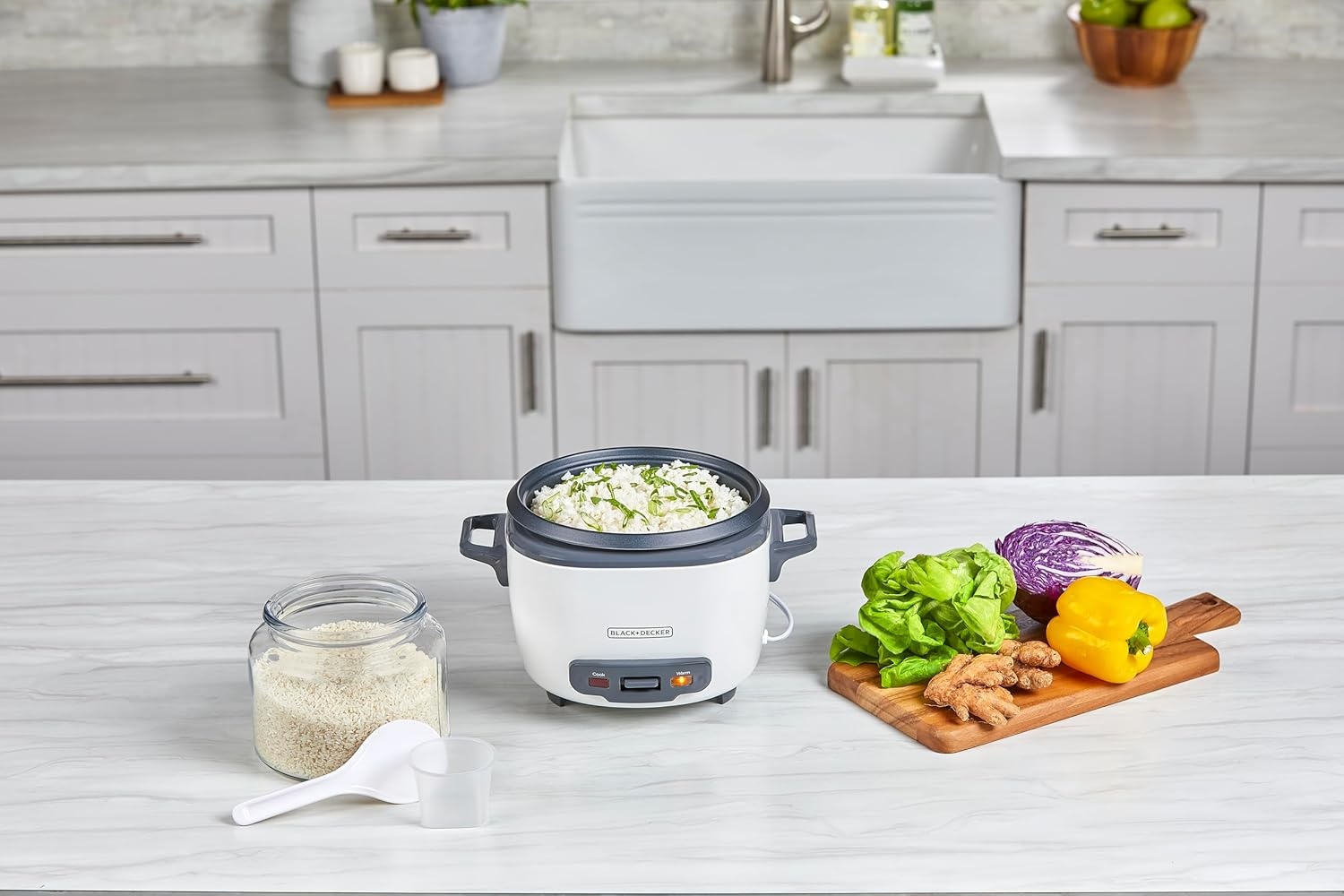 imageBLACKDECKER Rice Cooker 6Cup Cooked with Steaming Basket Removable NonStick Bowl White16cup
