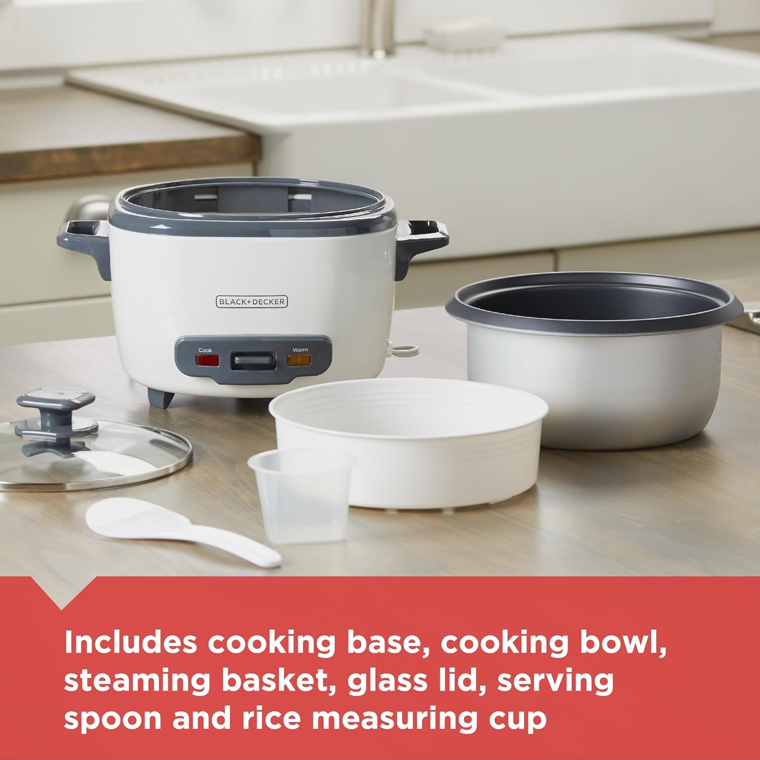 imageBLACKDECKER Rice Cooker 6Cup Cooked with Steaming Basket Removable NonStick Bowl White28cup