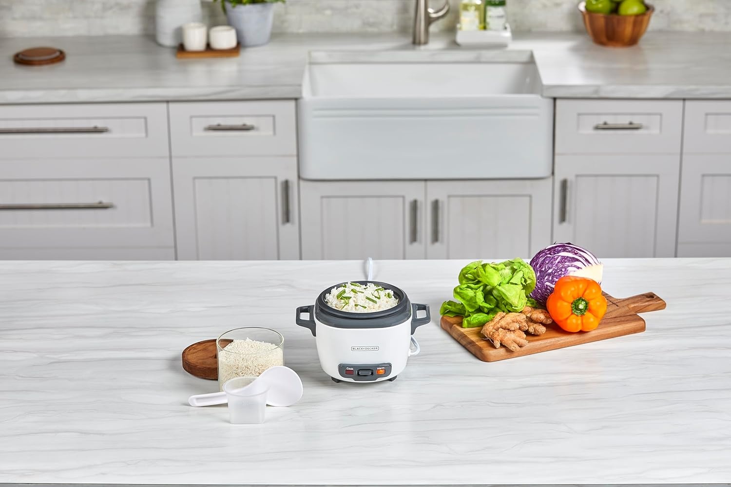 imageBLACKDECKER Rice Cooker 6Cup Cooked with Steaming Basket Removable NonStick Bowl White3cup