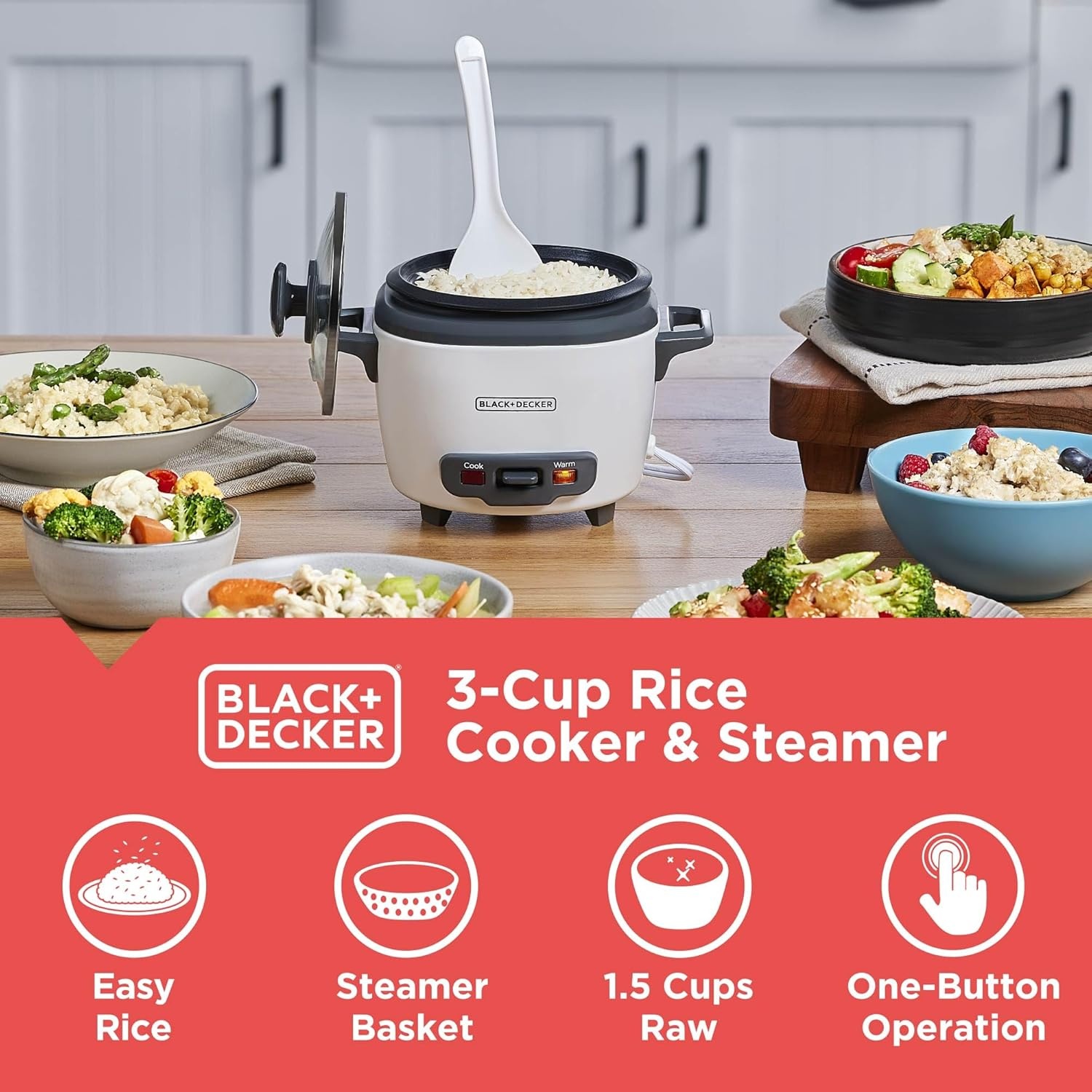 imageBLACKDECKER Rice Cooker 6Cup Cooked with Steaming Basket Removable NonStick Bowl White3cup
