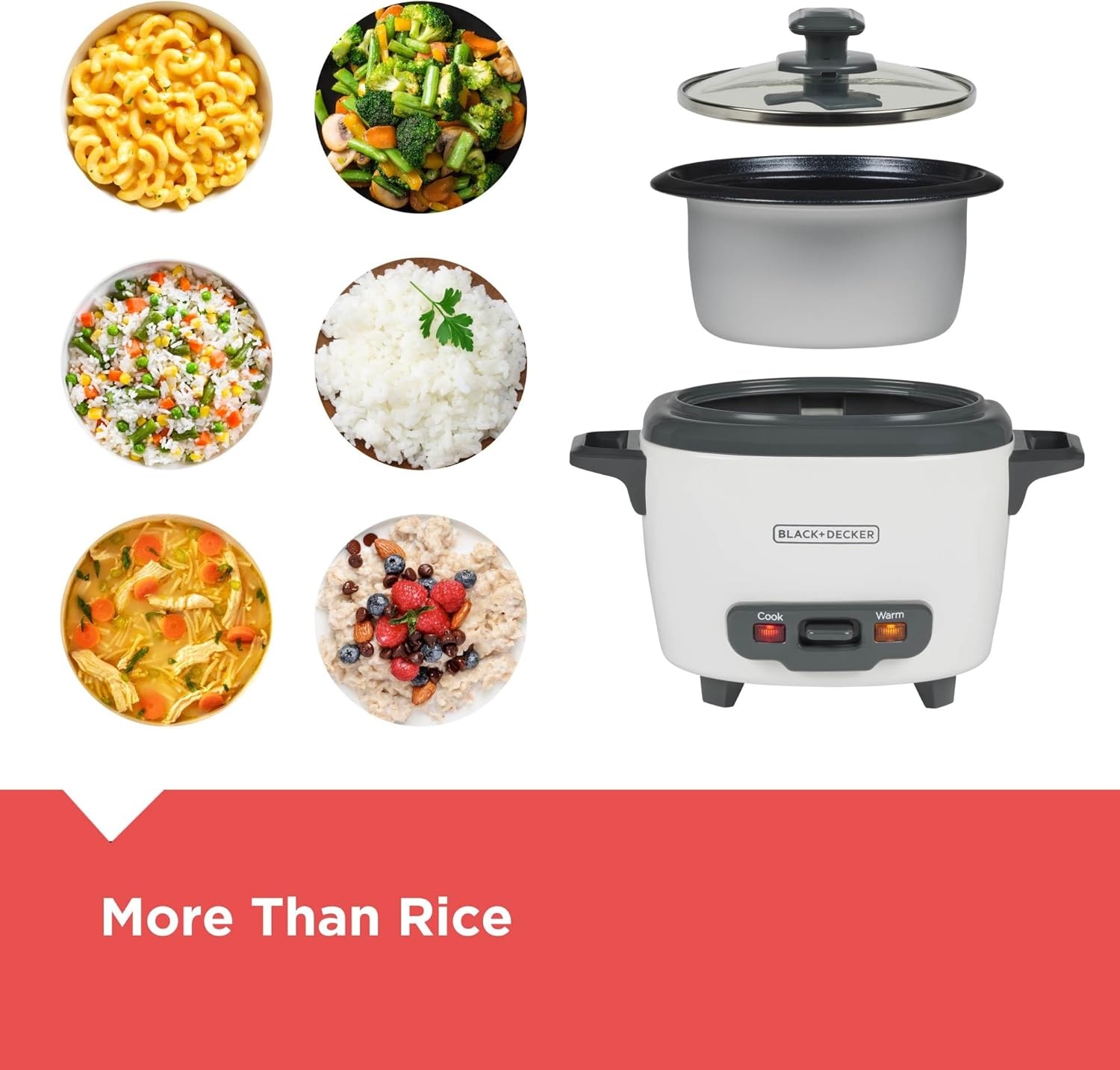 imageBLACKDECKER Rice Cooker 6Cup Cooked with Steaming Basket Removable NonStick Bowl White3cup