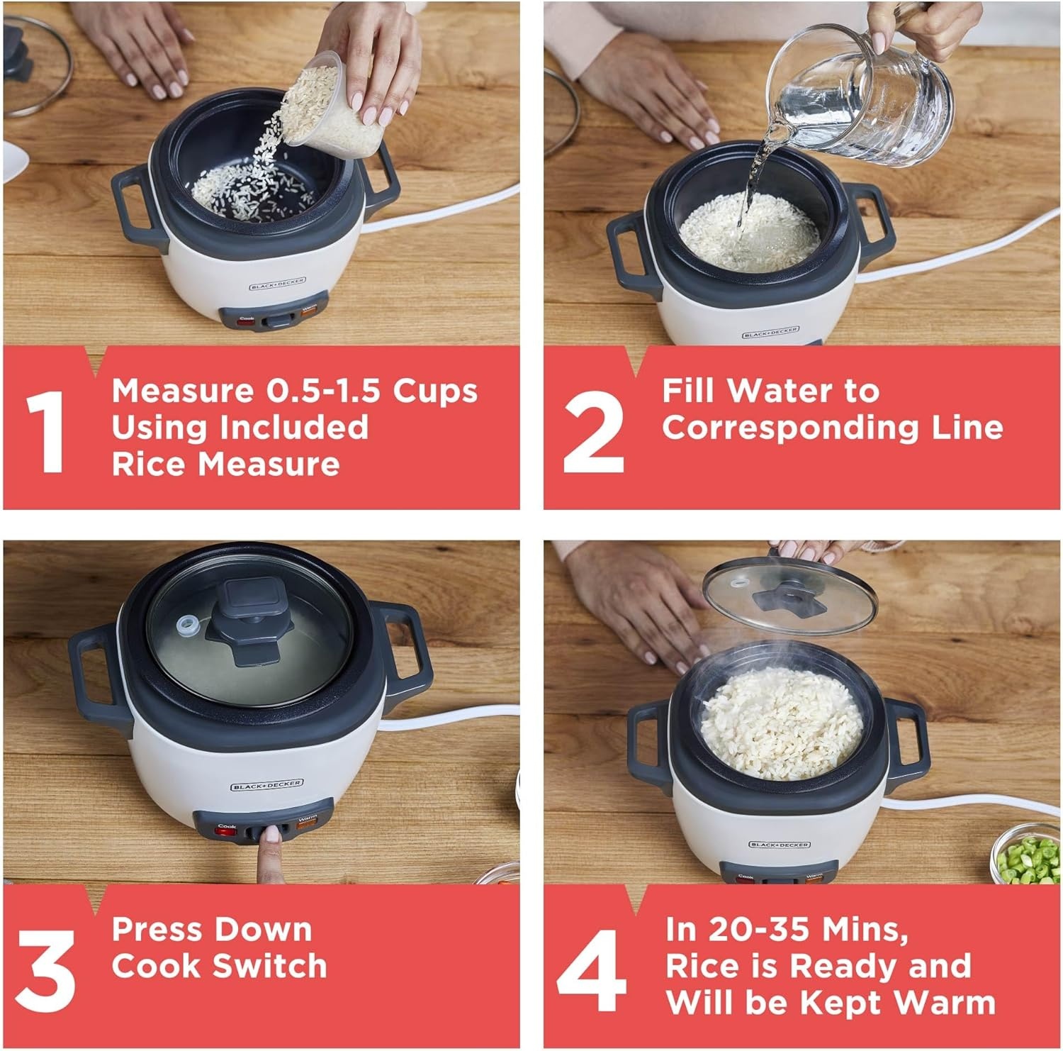 imageBLACKDECKER Rice Cooker 6Cup Cooked with Steaming Basket Removable NonStick Bowl White3cup