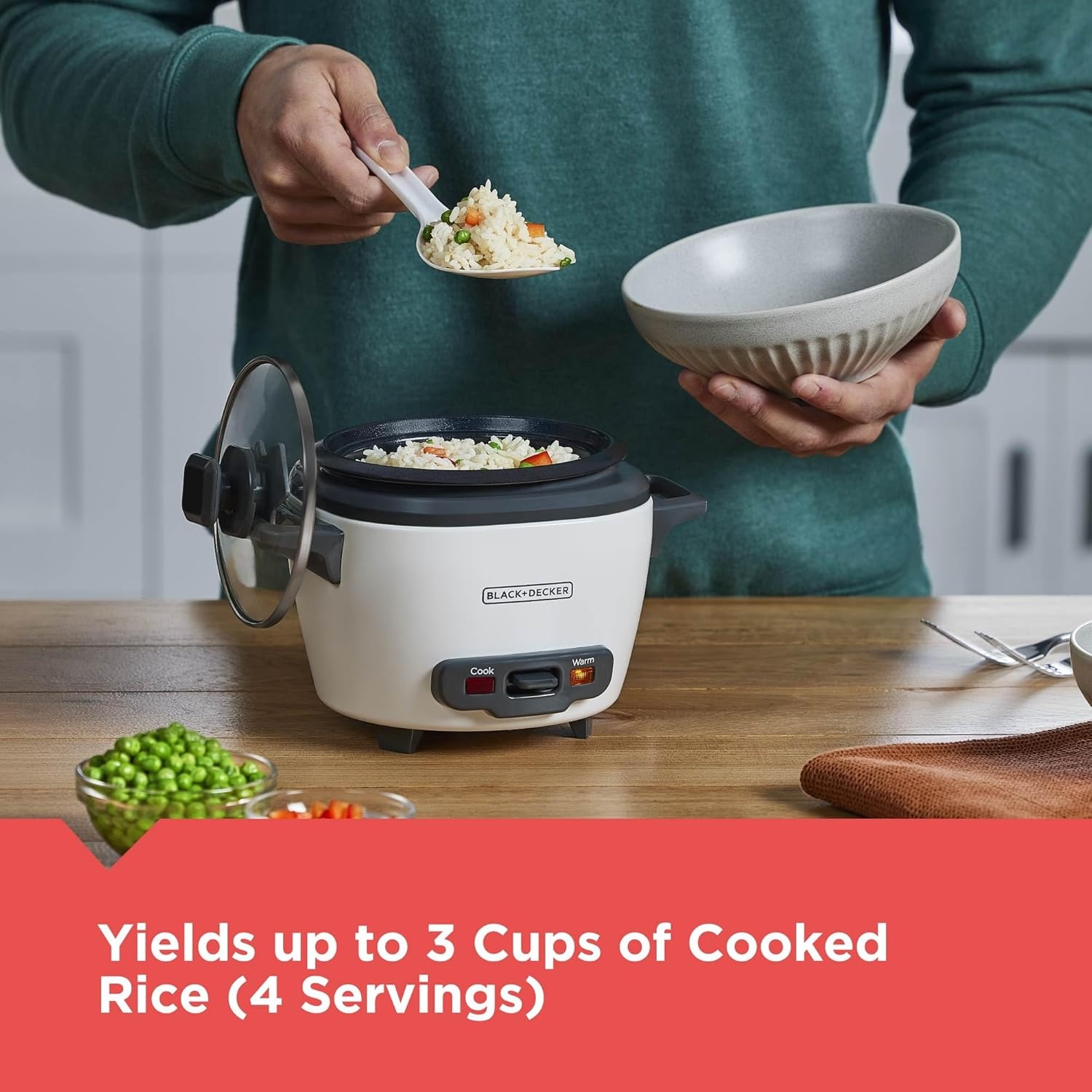 imageBLACKDECKER Rice Cooker 6Cup Cooked with Steaming Basket Removable NonStick Bowl White3cup