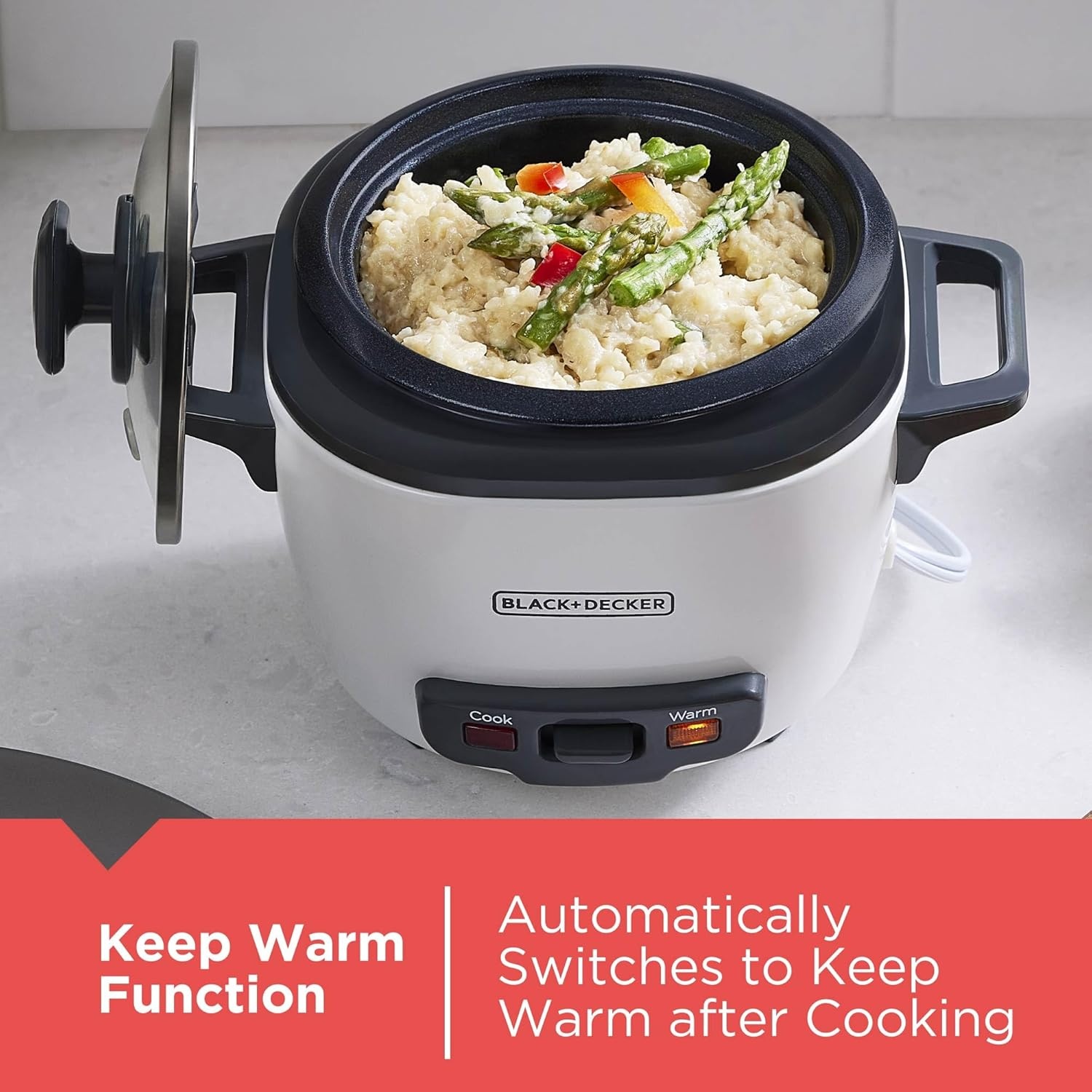 imageBLACKDECKER Rice Cooker 6Cup Cooked with Steaming Basket Removable NonStick Bowl White3cup