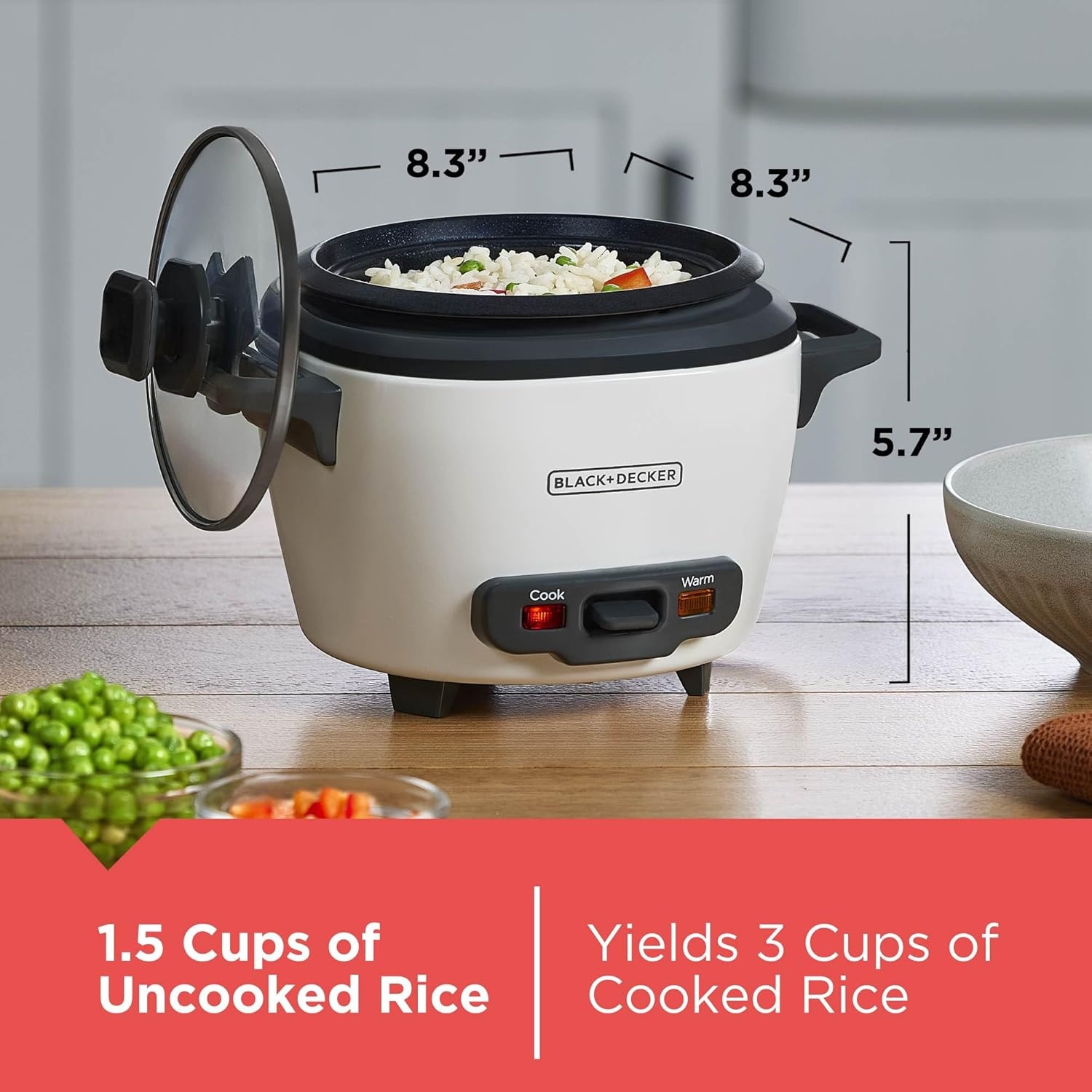 imageBLACKDECKER Rice Cooker 6Cup Cooked with Steaming Basket Removable NonStick Bowl White3cup
