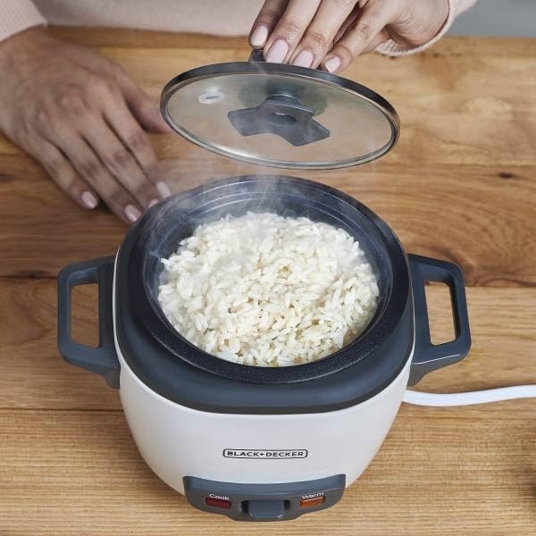 imageBLACKDECKER Rice Cooker 6Cup Cooked with Steaming Basket Removable NonStick Bowl White3cup
