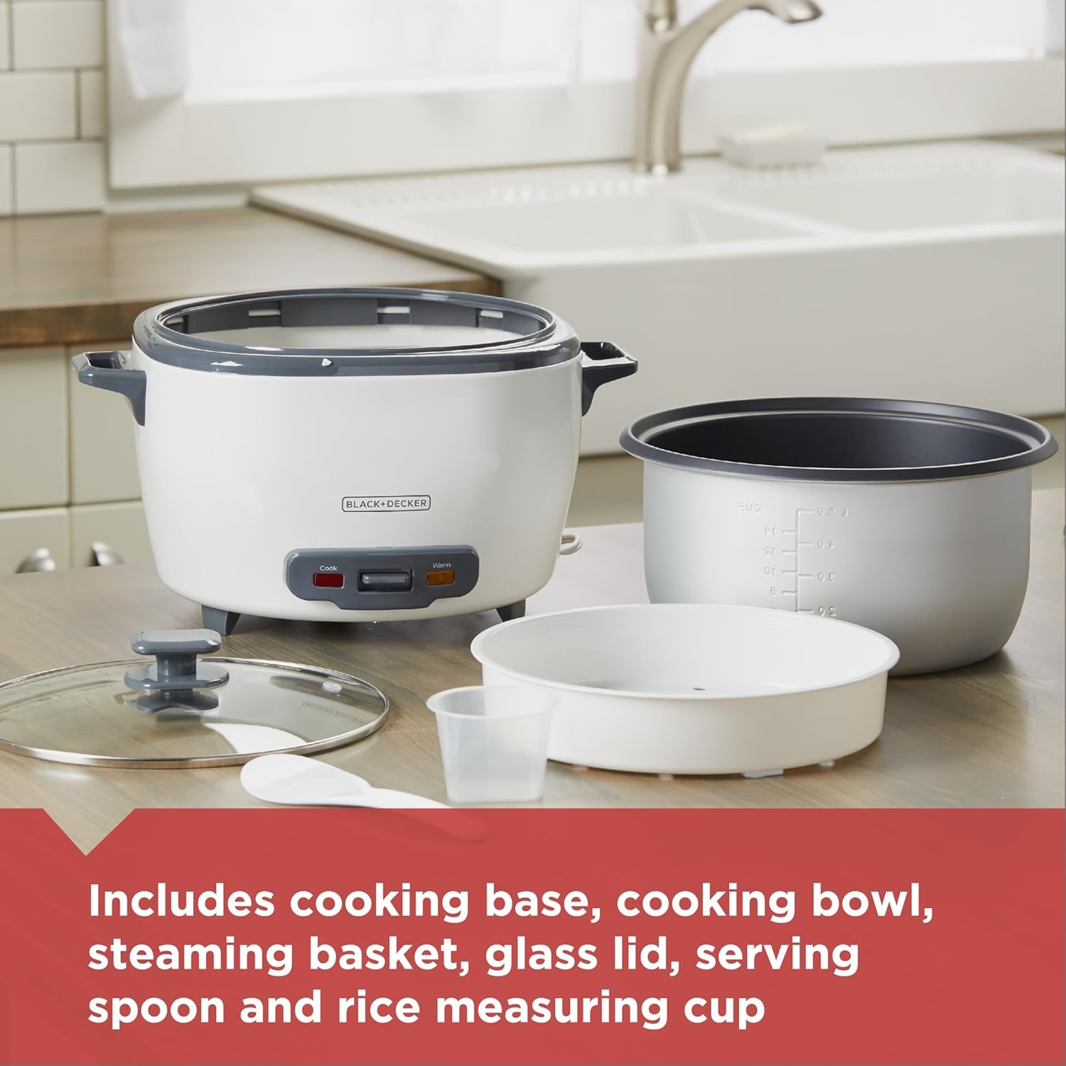 imageBLACKDECKER Rice Cooker 6Cup Cooked with Steaming Basket Removable NonStick Bowl White6cup