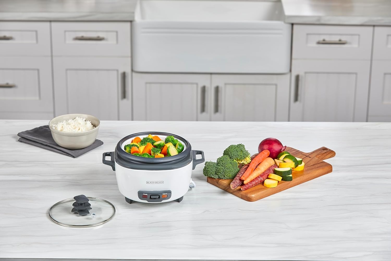 imageBLACKDECKER Rice Cooker 6Cup Cooked with Steaming Basket Removable NonStick Bowl White6cup