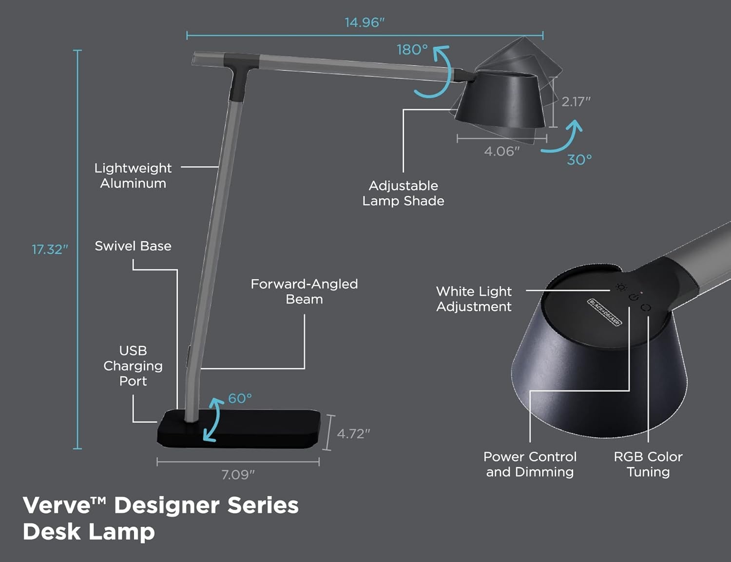 imageBLACKDECKER Verve Designer Smart Desk Lamp Works with Alexa AutoCircadian Mode True White LED 16M RGB Colors USB Charging PortBlack