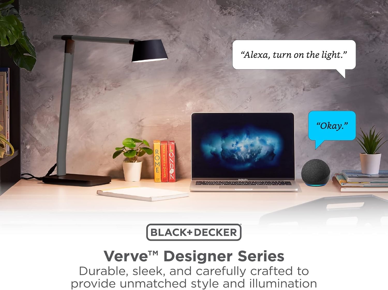 imageBLACKDECKER Verve Designer Smart Desk Lamp Works with Alexa AutoCircadian Mode True White LED 16M RGB Colors USB Charging PortBlack