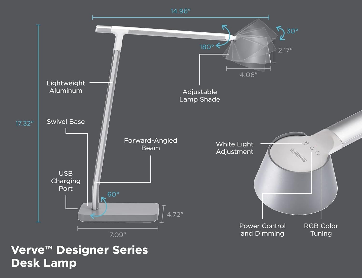 imageBLACKDECKER Verve Designer Smart Desk Lamp Works with Alexa AutoCircadian Mode True White LED 16M RGB Colors USB Charging PortSilver