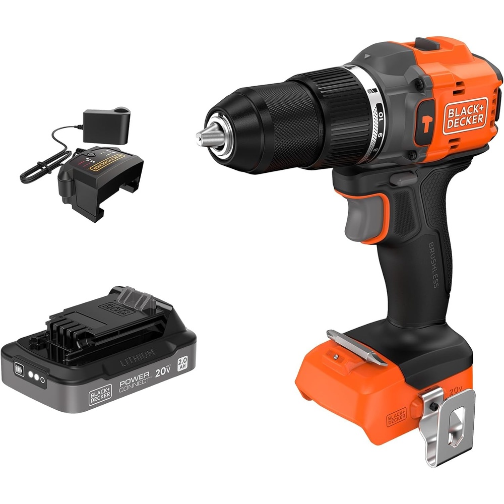 imageBLACKDECKER 20V MAX POWERCONNECT Brushless Cordless in Hammer Drill Kit Includes 2Ah Battery and Charger Variable Speed LED 30000 BPM 1900 RPM Drills up to 23 Holes Per Charge BLD783D1