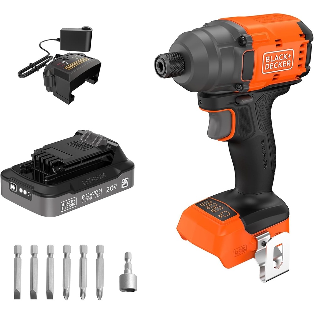 imageBLACKDECKER 20V MAX POWERCONNECT Brushless Cordless in Hex Impact Driver Set with 2Ah Battery and Charger 7 Pc Impact Driver Bit Set 2000 InLbs Torque 3200 RPM LED Light Ergonomic BLIM78D1