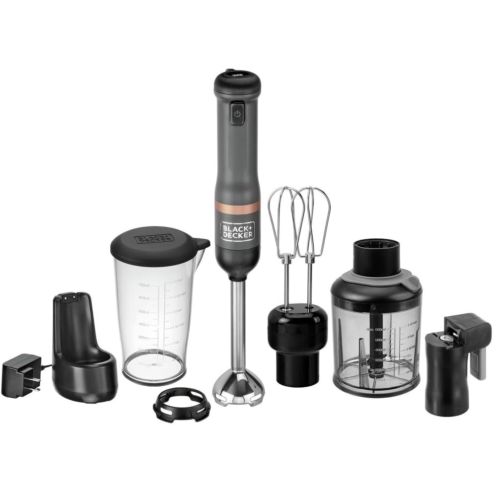 imageBLACKDECKER Kitchen Wand Cordless Immersion Blender 4 in 1 Multi Tool Set Hand Blender with Charging Dock Grey BCKM1014K01Grey