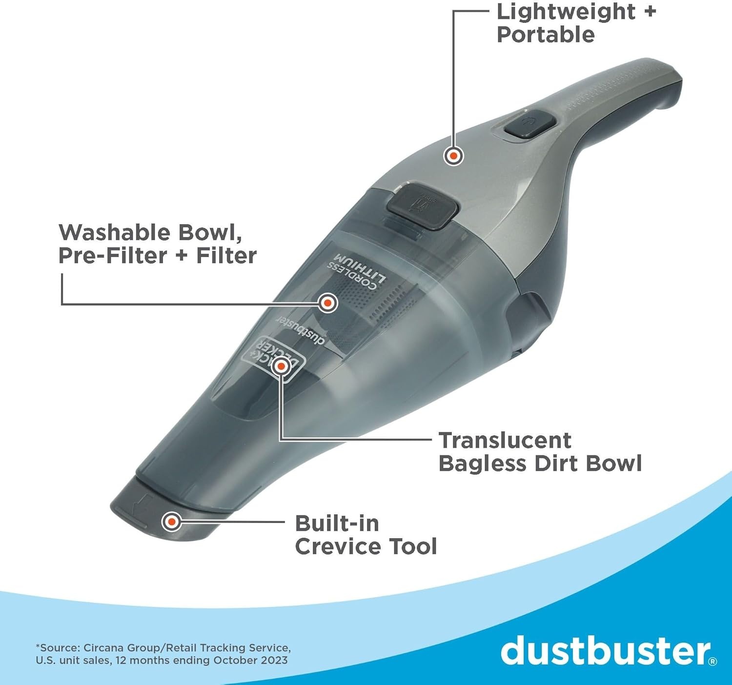 imageBLACKDECKER dustbuster Handheld Vacuum 8V Cordless Hand Vacuum for Quick Cleanup with Crevice Tool and Washable Filter HNVC220BCZ01Gray 8V