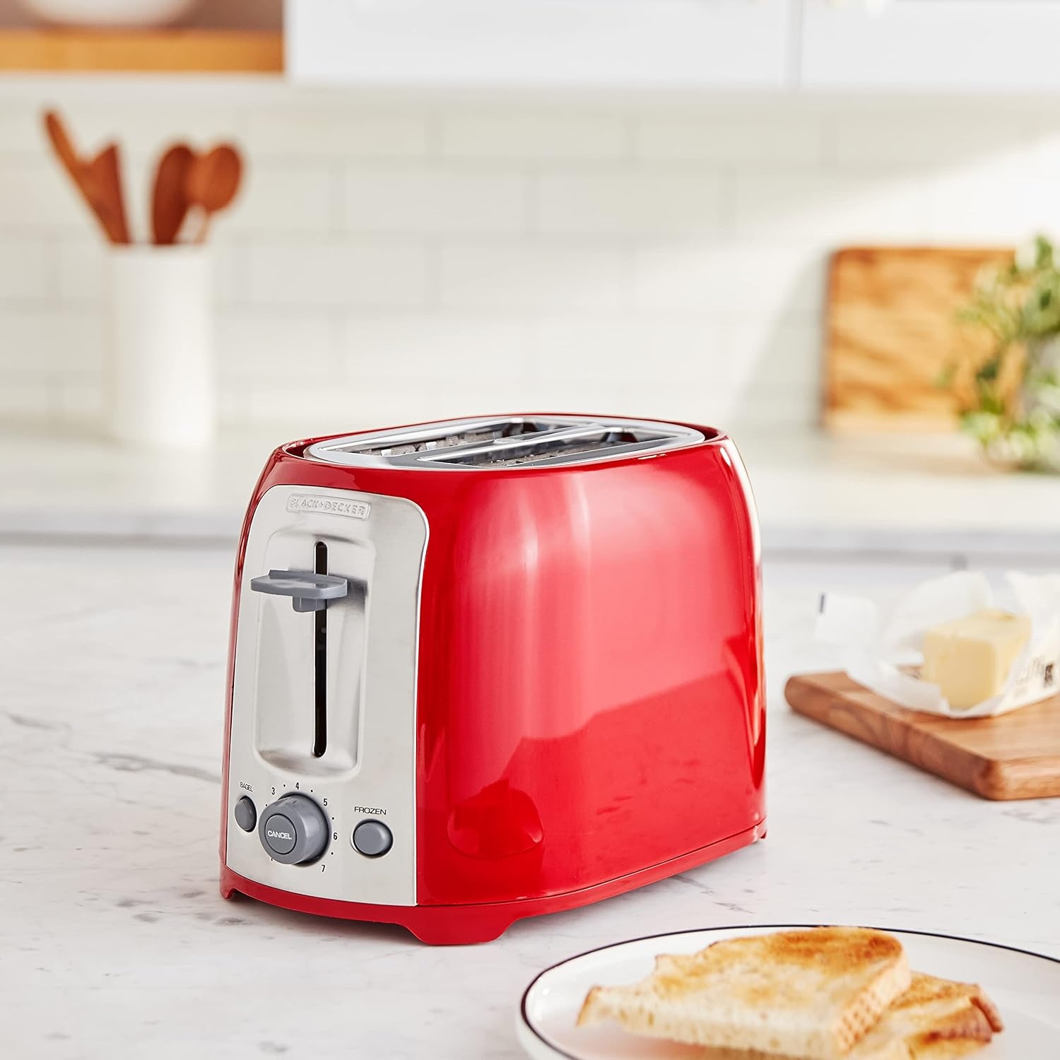 image:imageBLACKDECKER 4Slice Toaster Extra Wide Slots 7 Shade Settings 1400 Watts Frozen and Bagel Buttons Toast Shade Selector Extra LiftRed