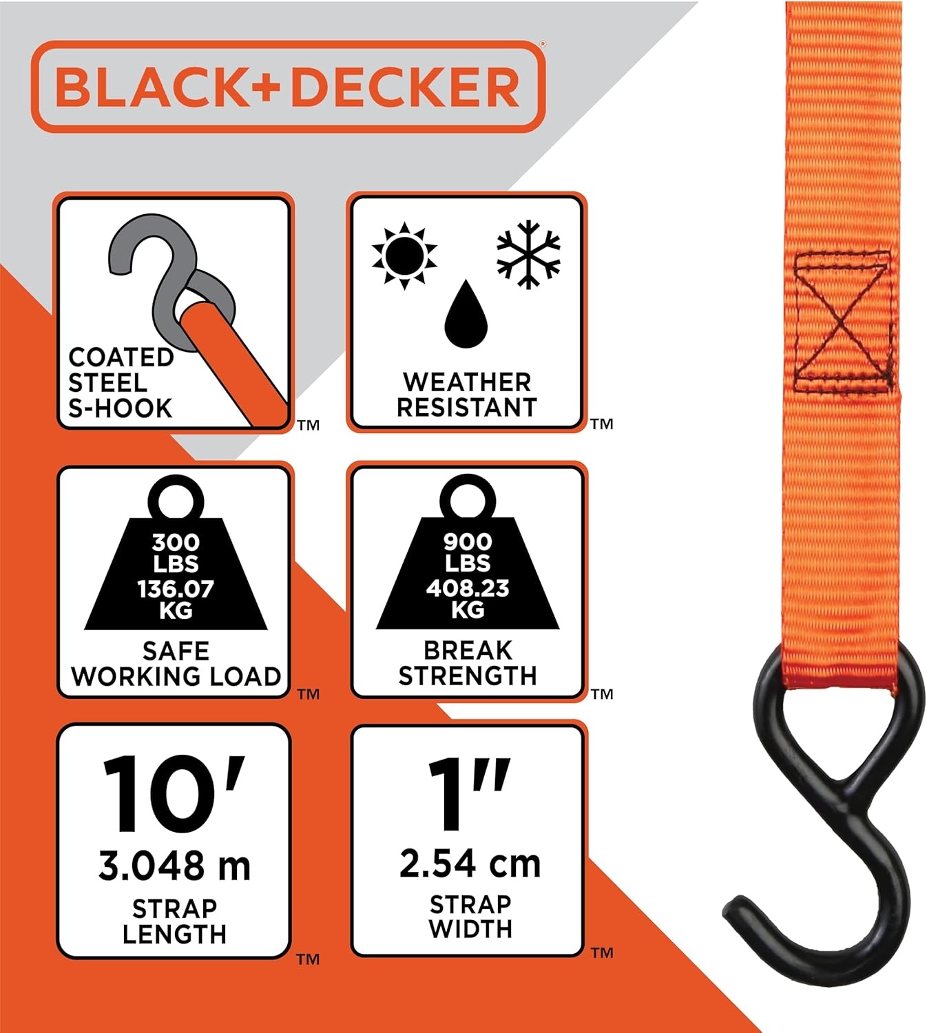 image:imageBLACKDECKER BDX1022 BlackOrange 6Piece 10 CamBuckle and 24 Bungee Strap Set 300 lb Safe Working Load 900 lb Break Strength