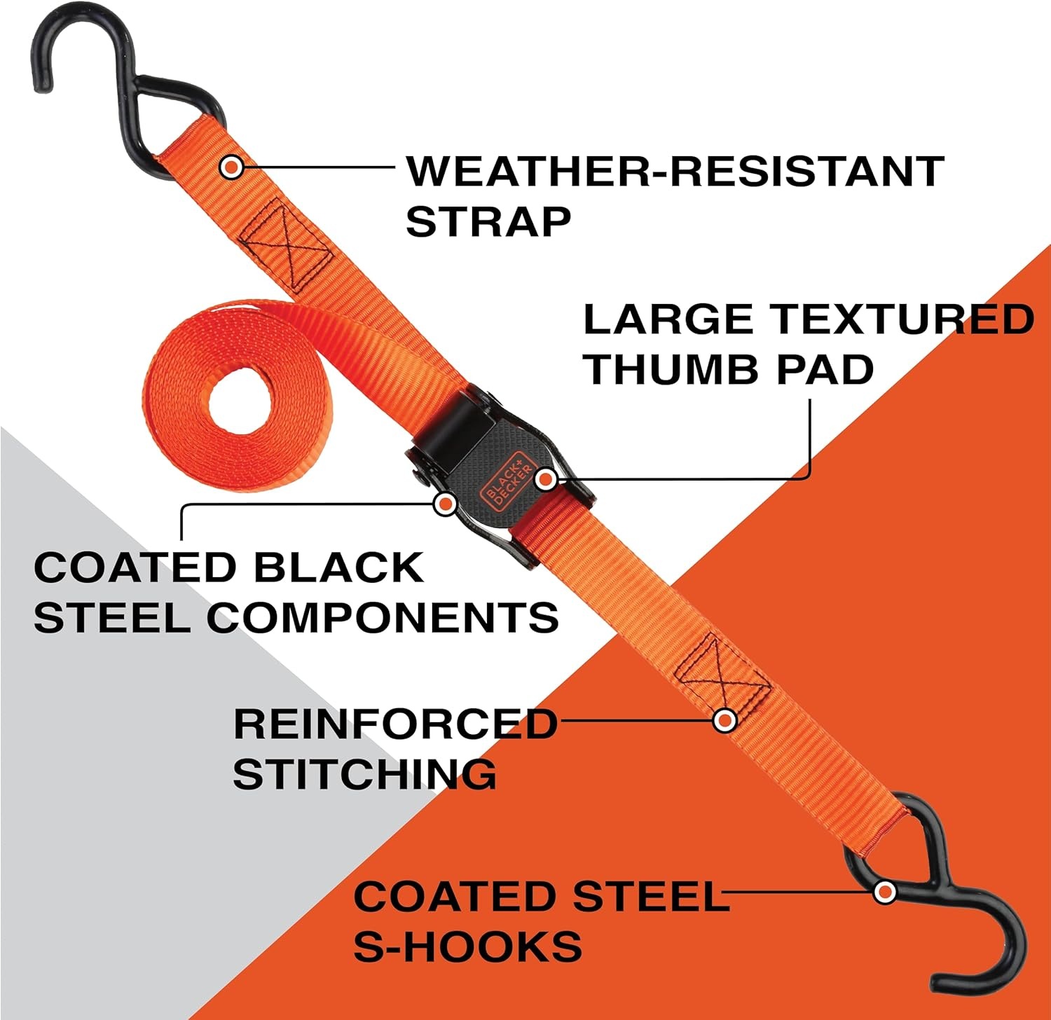 image:imageBLACKDECKER BDX1022 BlackOrange 6Piece 10 CamBuckle and 24 Bungee Strap Set 300 lb Safe Working Load 900 lb Break Strength