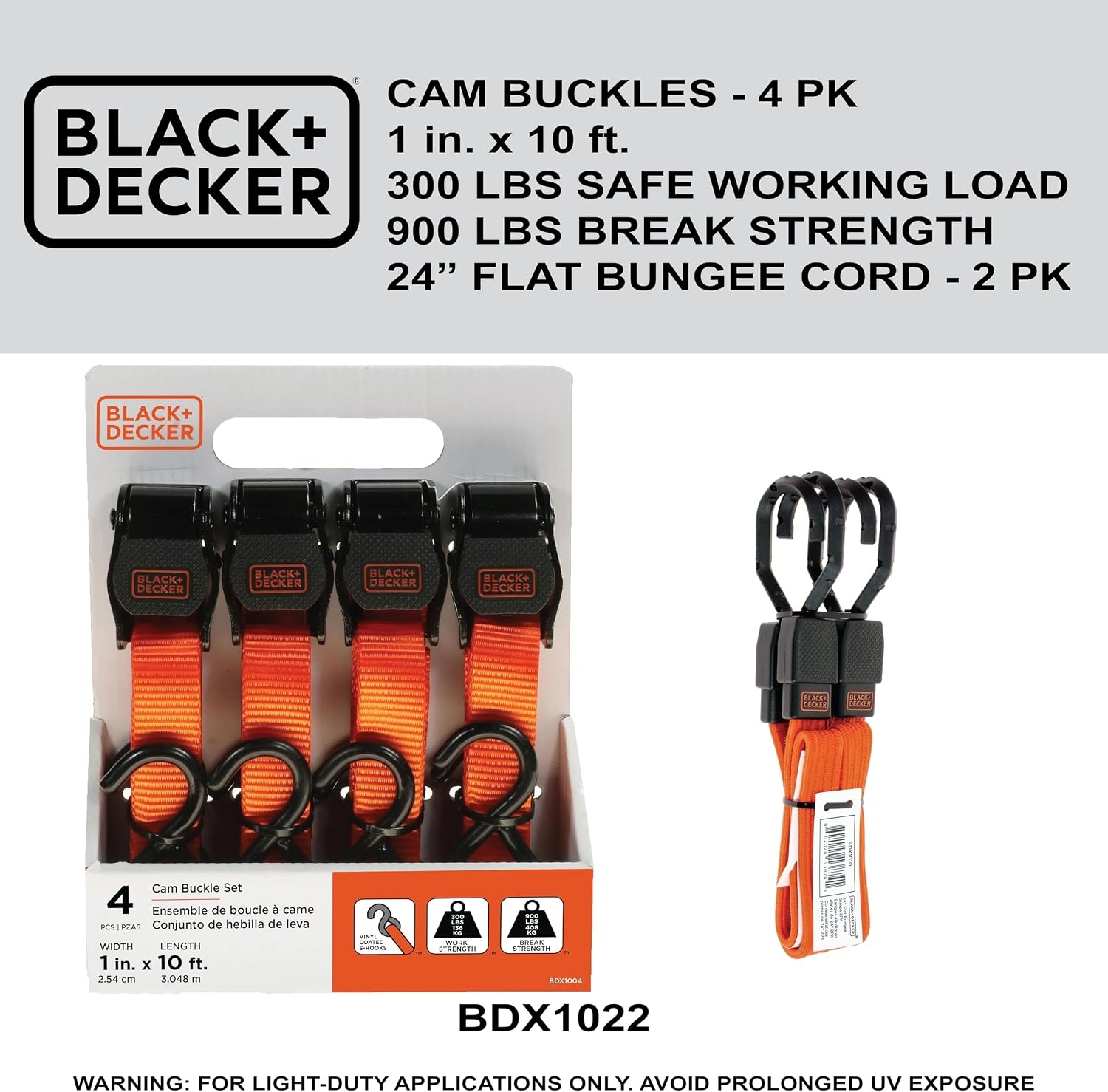 image:imageBLACKDECKER BDX1022 BlackOrange 6Piece 10 CamBuckle and 24 Bungee Strap Set 300 lb Safe Working Load 900 lb Break Strength