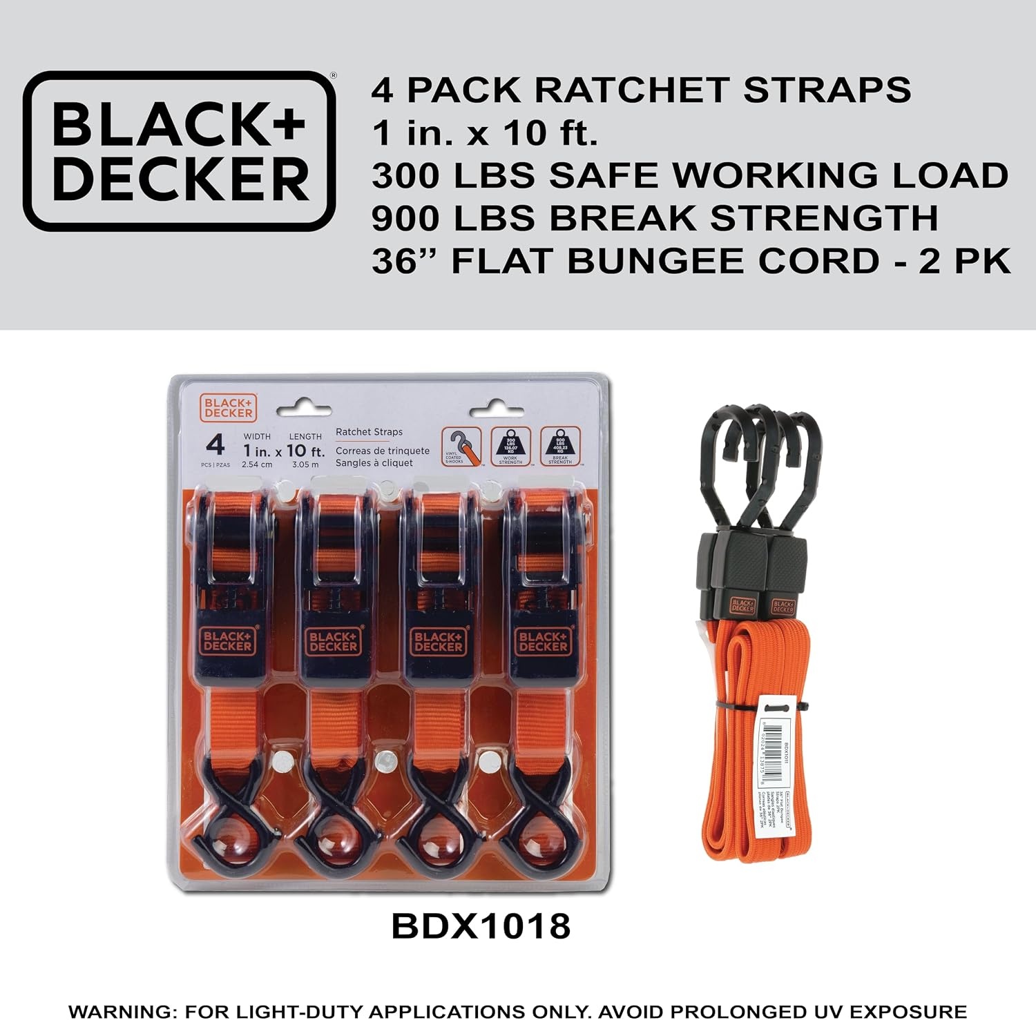 image:imageBlackDecker BDX1018 BlackOrange 6Piece 10 Ratchet Strap and 36 Bungee Strap Set 300 lb Safe Working Load 900 lb Break Strength