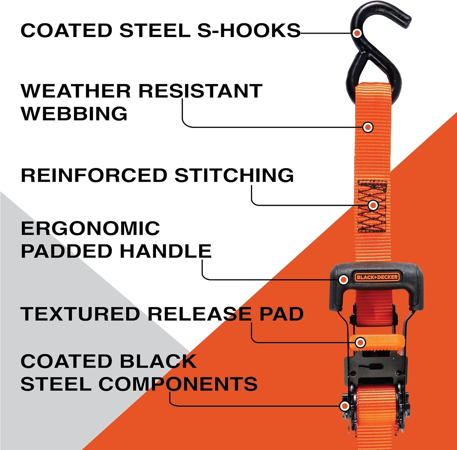 image:imageBlackDecker BDX1019 BlackOrange 8Piece 10 Ratchet Strap and 48 Bungee Strap Set 300 lb Safe Working Load 2500 lb Break Strength
