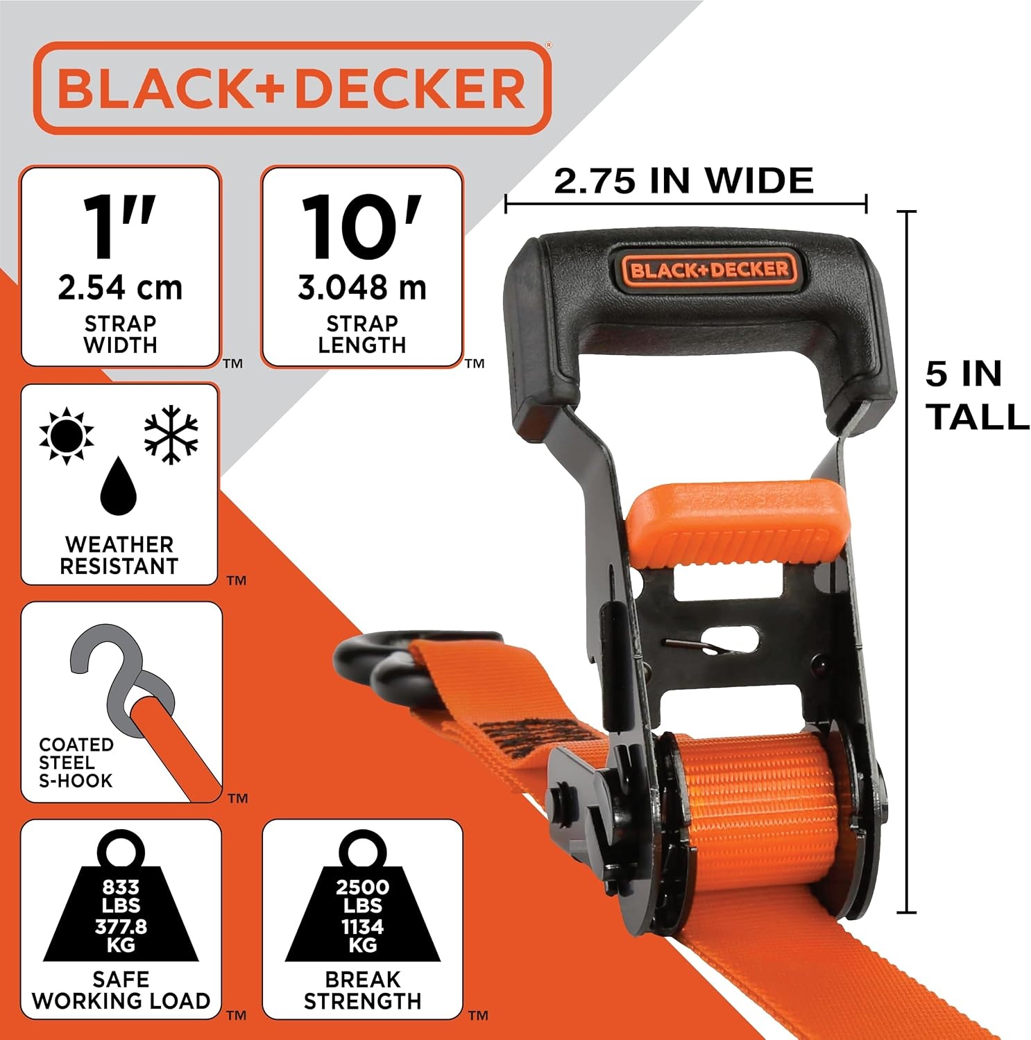 image:imageBlackDecker BDX1019 BlackOrange 8Piece 10 Ratchet Strap and 48 Bungee Strap Set 300 lb Safe Working Load 2500 lb Break Strength