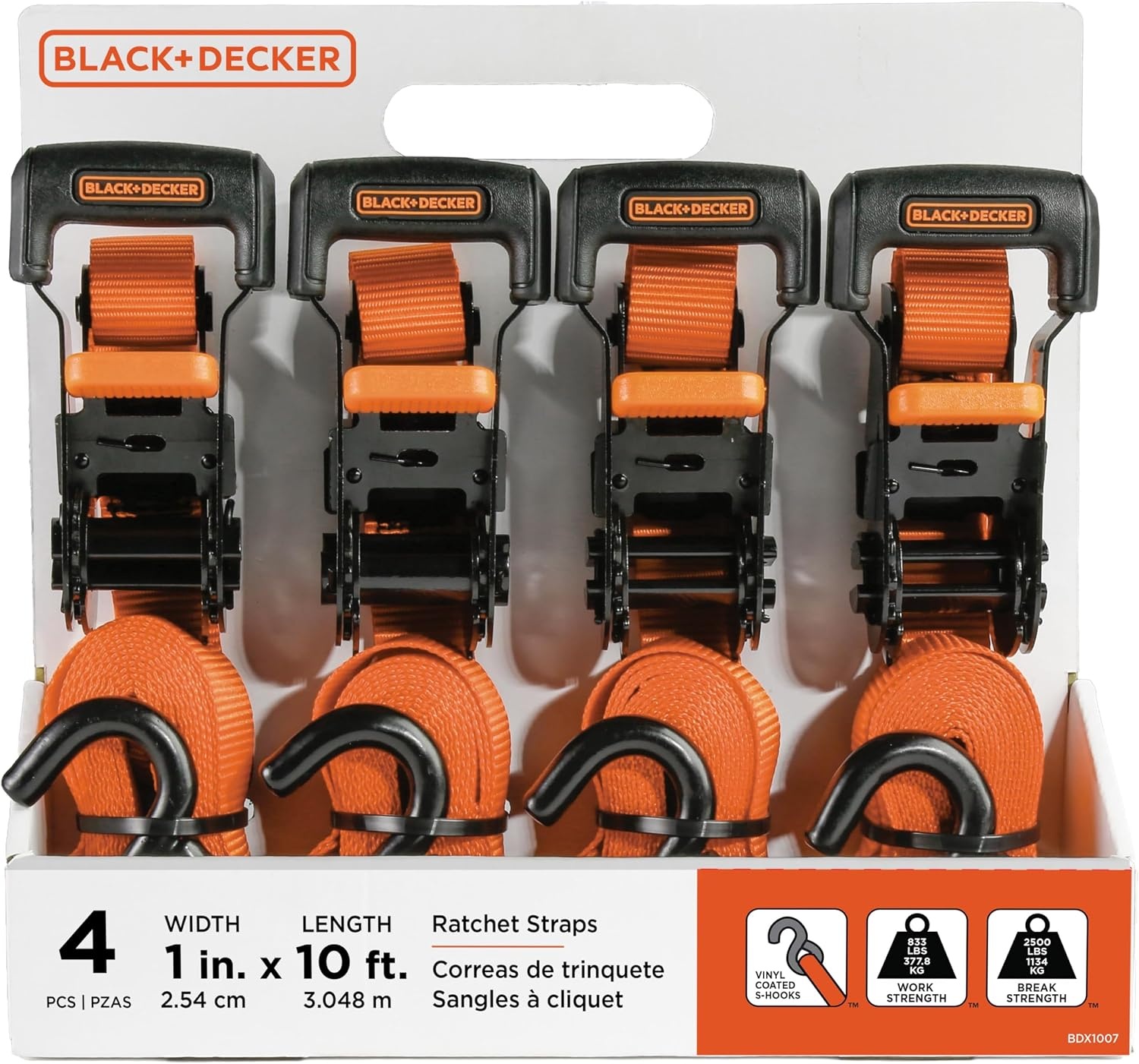 image:imageBlackDecker BDX1019 BlackOrange 8Piece 10 Ratchet Strap and 48 Bungee Strap Set 300 lb Safe Working Load 2500 lb Break Strength
