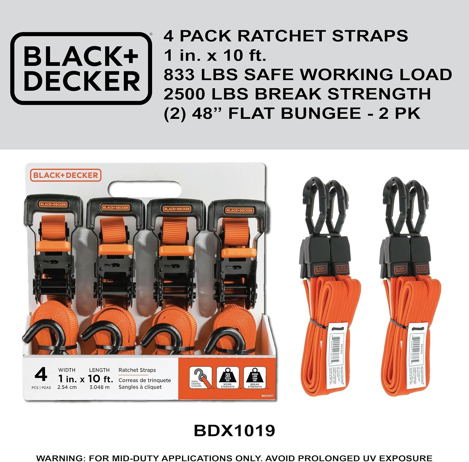 image:imageBlackDecker BDX1019 BlackOrange 8Piece 10 Ratchet Strap and 48 Bungee Strap Set 300 lb Safe Working Load 2500 lb Break Strength