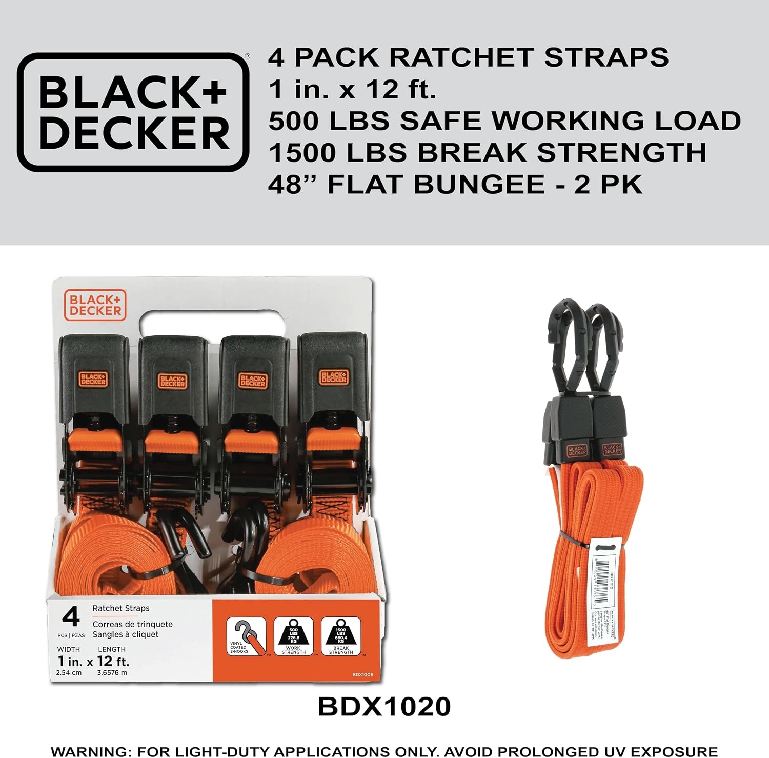 image:imageBlackDecker BDX1020 BlackOrange 6Piece 12 Ratchet Strap and 48 Bungee Strap Set 500 lb Safe Working Load 1500 lb Break Strength