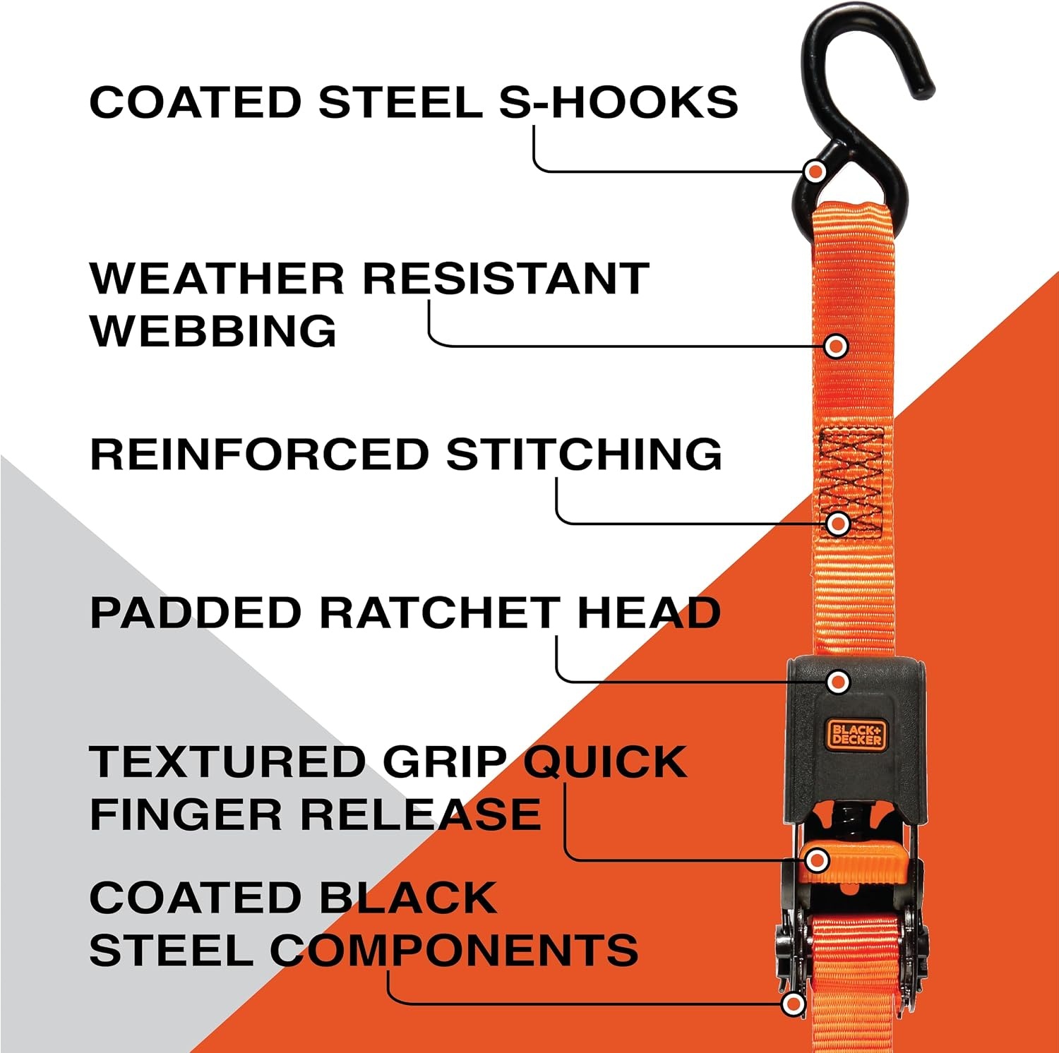 image:imageBlackDecker BDX1020 BlackOrange 6Piece 12 Ratchet Strap and 48 Bungee Strap Set 500 lb Safe Working Load 1500 lb Break Strength