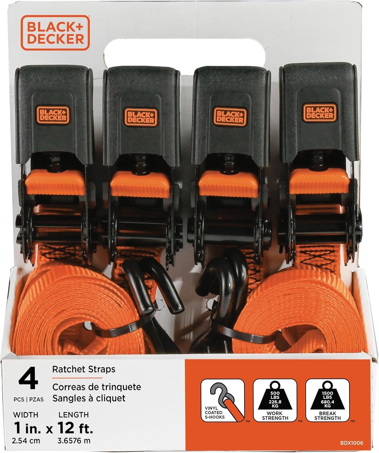 image:imageBlackDecker BDX1020 BlackOrange 6Piece 12 Ratchet Strap and 48 Bungee Strap Set 500 lb Safe Working Load 1500 lb Break Strength