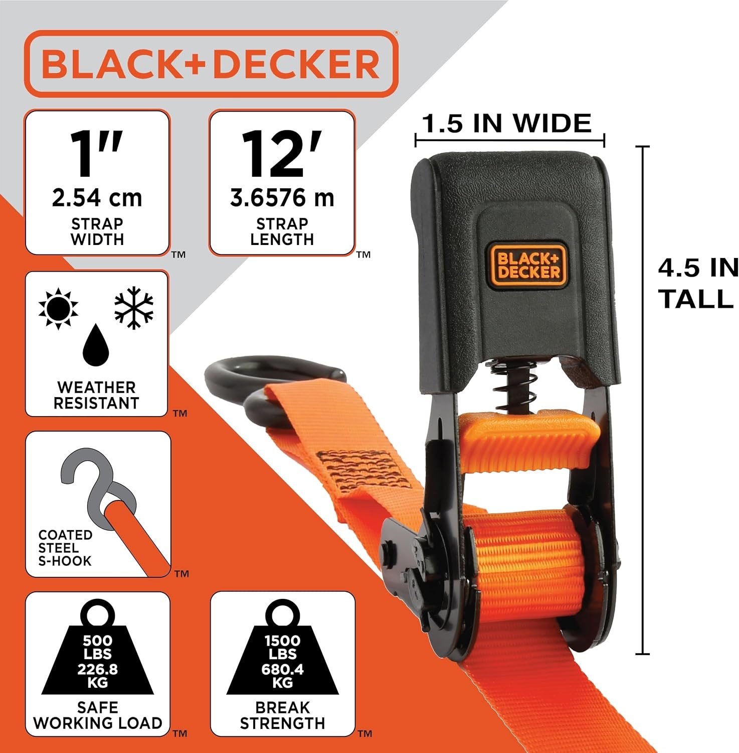 image:imageBlackDecker BDX1020 BlackOrange 6Piece 12 Ratchet Strap and 48 Bungee Strap Set 500 lb Safe Working Load 1500 lb Break Strength