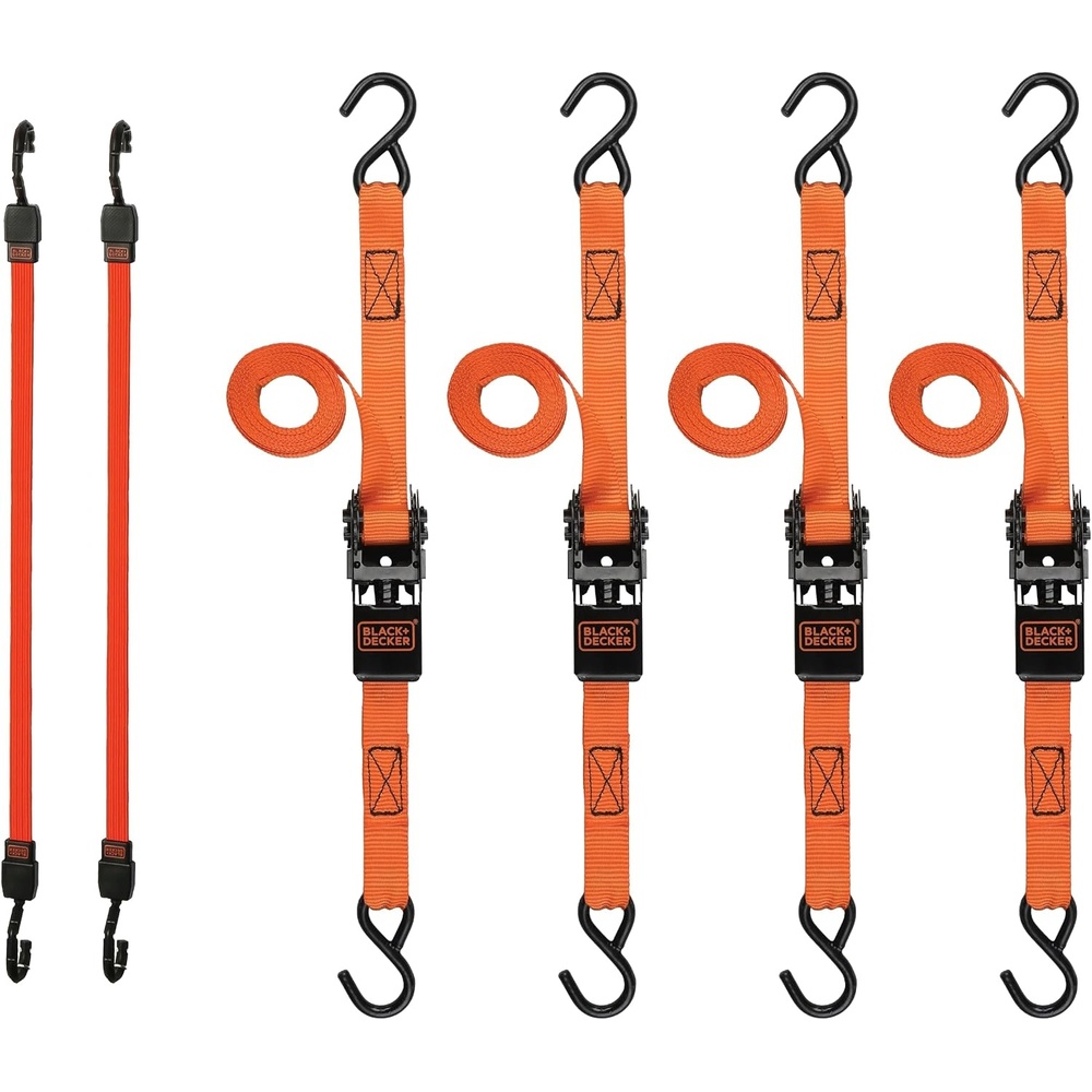 image:imageBlackDecker BDX1018 BlackOrange 6Piece 10 Ratchet Strap and 36 Bungee Strap Set 300 lb Safe Working Load 900 lb Break Strength