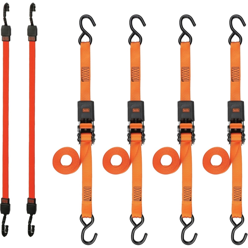 image:imageBlackDecker BDX1020 BlackOrange 6Piece 12 Ratchet Strap and 48 Bungee Strap Set 500 lb Safe Working Load 1500 lb Break Strength