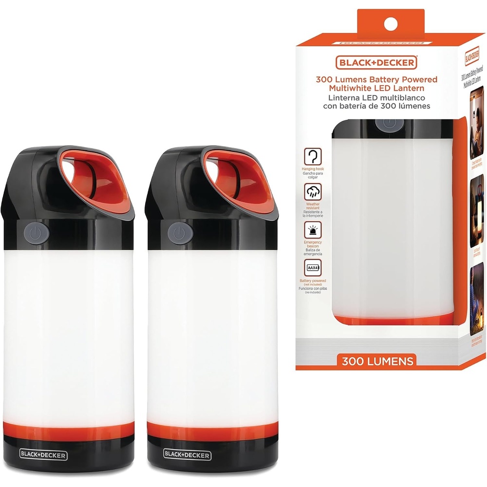image:imageBLACKDECKER LED Lantern 300 Lumens 360 Flashlight for Camping with SOS Mode 12 Hours AA Battery Power Multiwhite Hook 5 Modes IP65 Waterproof Camping Essentials Tent Light Blackout SurvivalTwo Pack